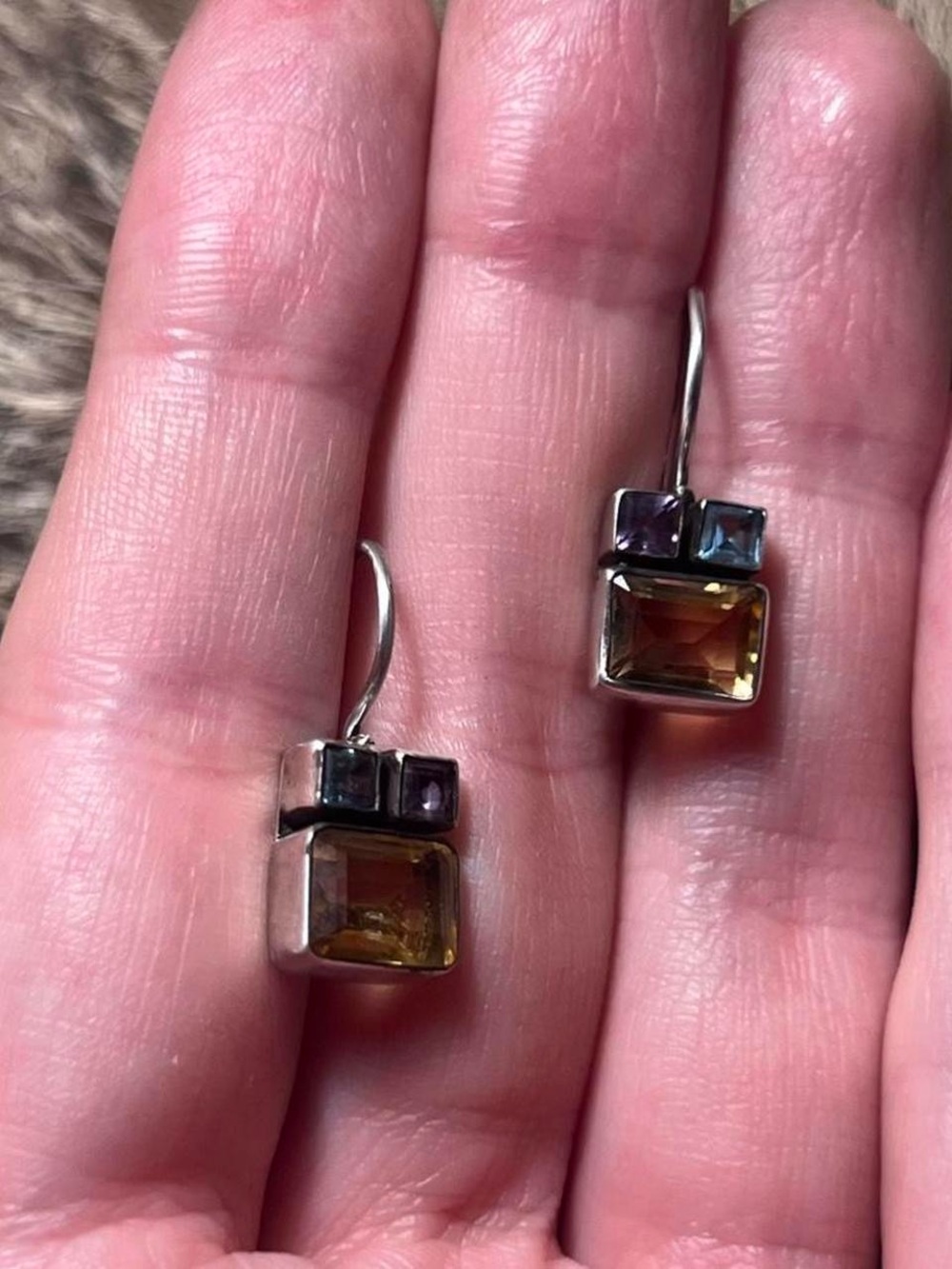 Vintage sterling silver geometric gemstone earrings - Picture 2 of 3
